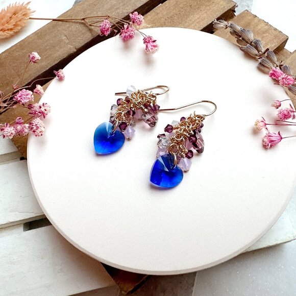 New Majestic Blue Heart Crystal Cluster Earrings | Handmade in BC - Picture 4 of 4